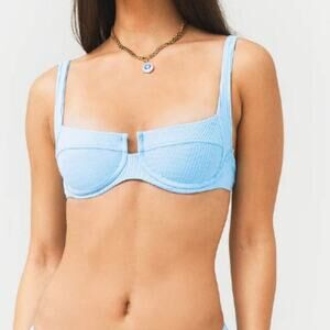 L*Space Sky Blue Pointelle Rib Camellia Bikini Top Small